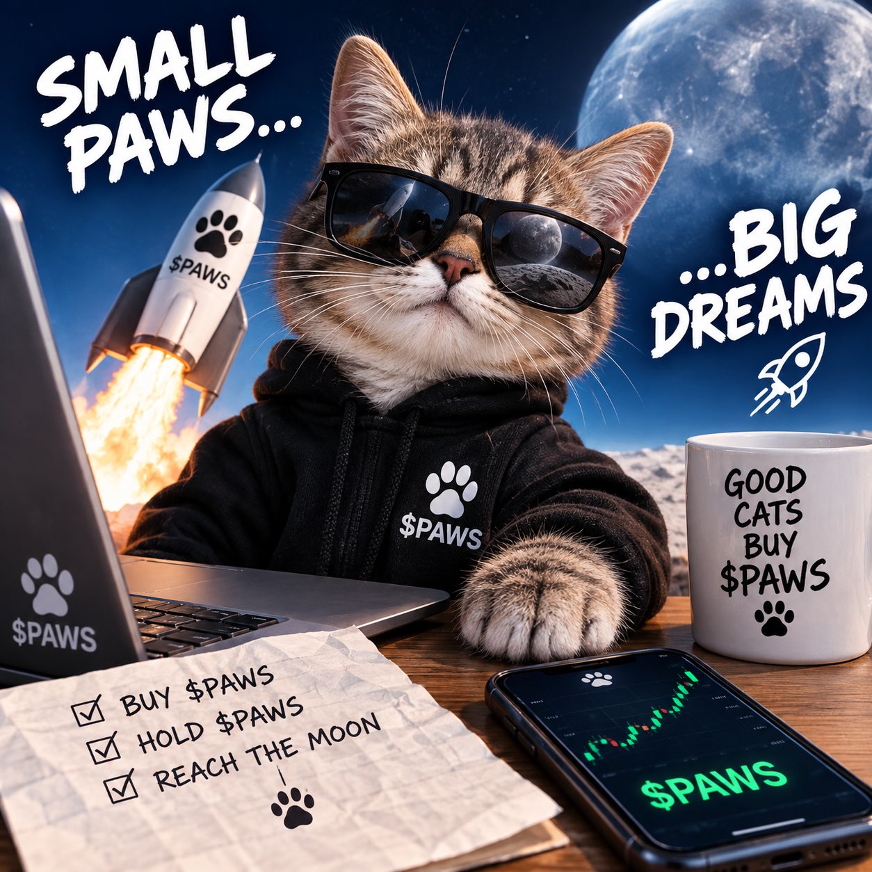 MoonPaws cat in sunglasses at mission control, with a rocket launching toward the moon